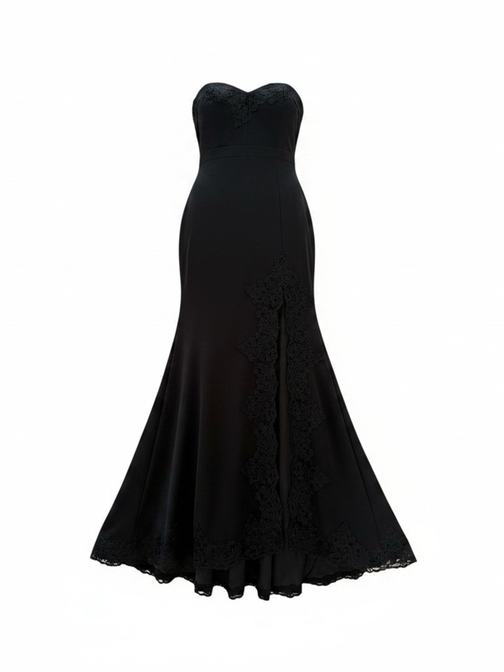 Strapless Black Lace-Trim Evening Gown